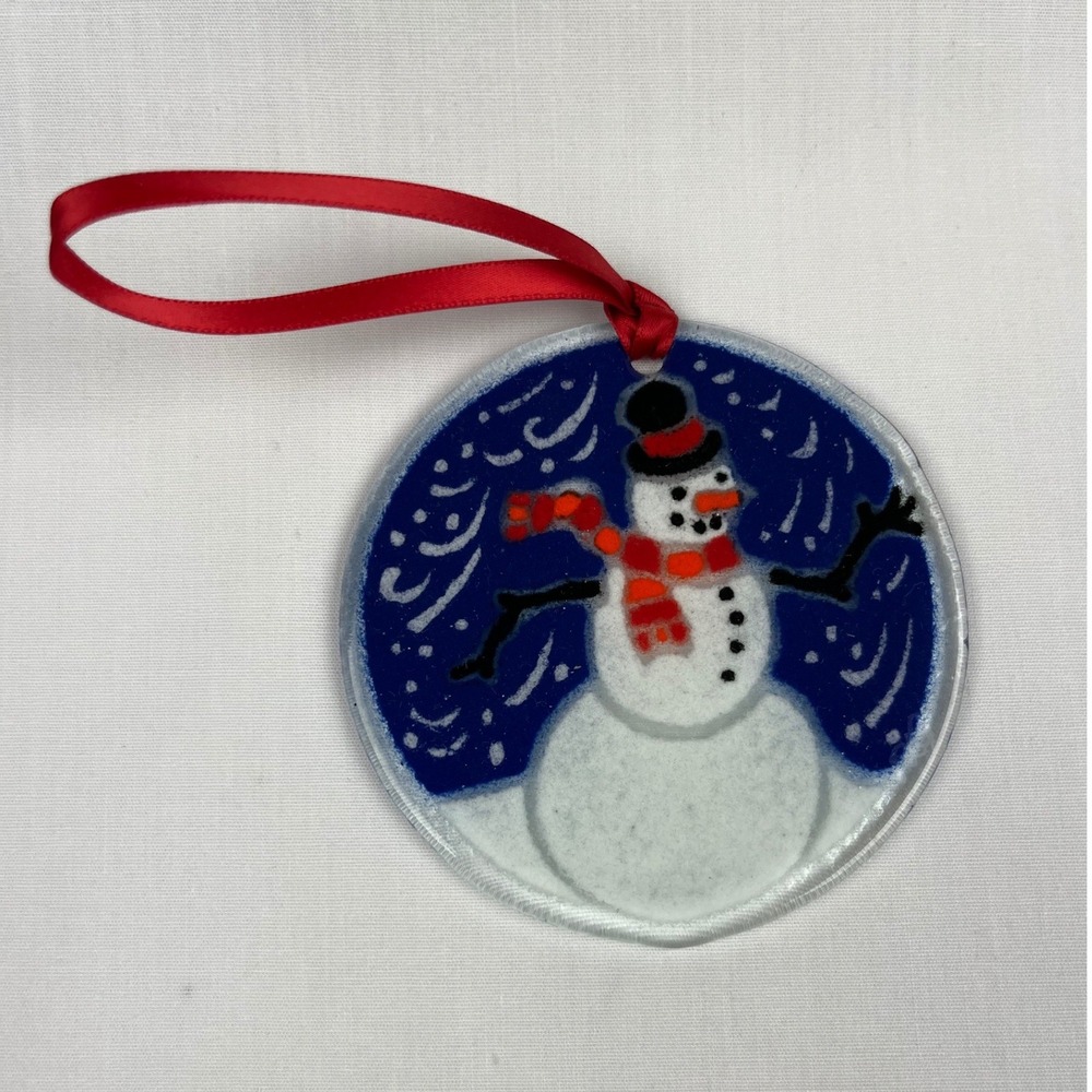Peggy Karr Glass Signed Snowman Ornament Signed Fused Glass Blue White Winter